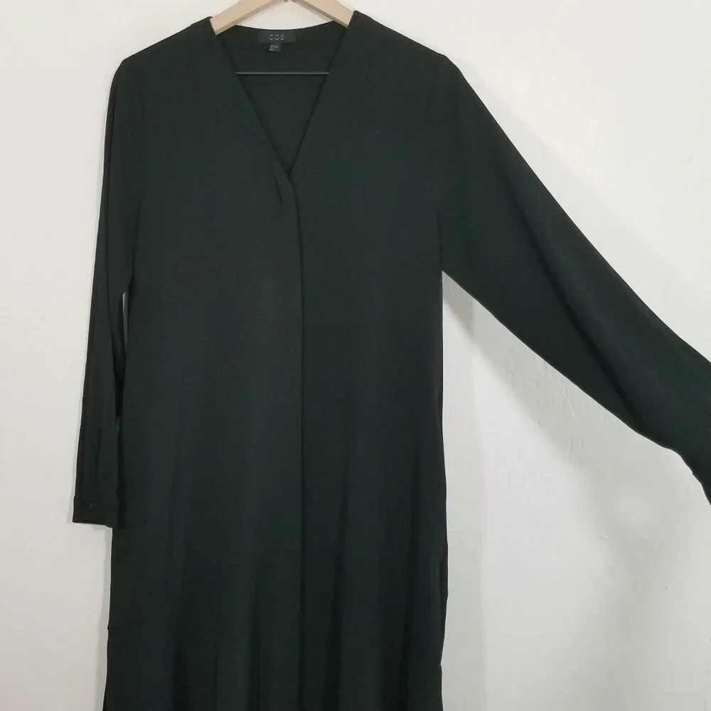 COS Button Up V-Neck Long Sleeve Dress with Pockets Black